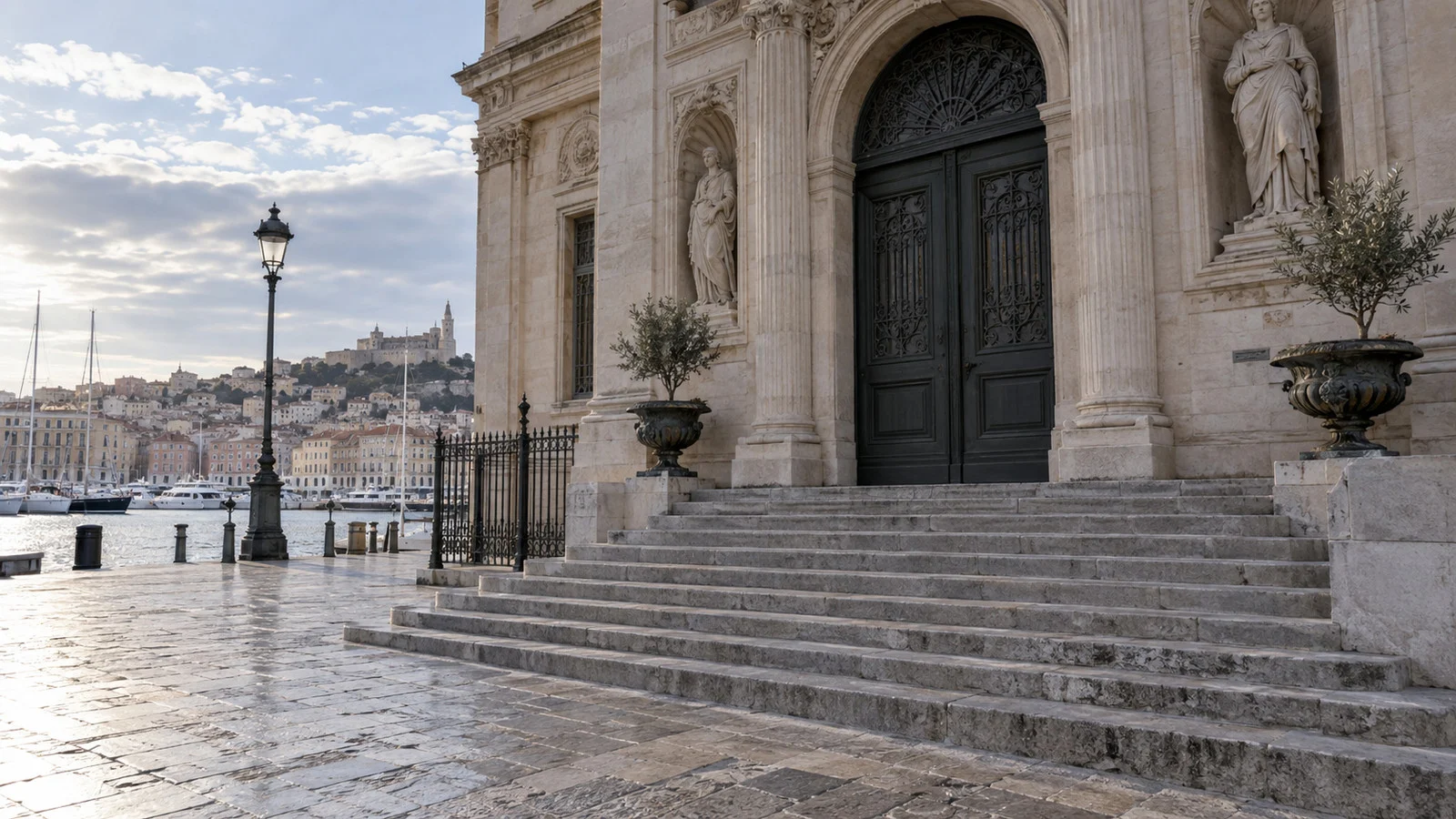 a closed museum entrance in a European port city with empty steps and no readable signage