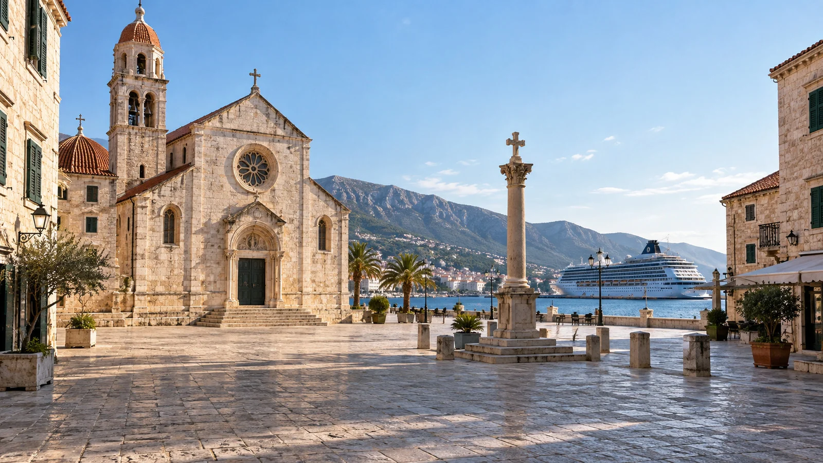 a historic church and empty old-town square beside a Mediterranean cruise port during a religious holiday