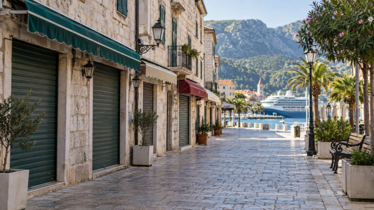 a quiet European port town shopping street on a Sunday with closed shutters and no people