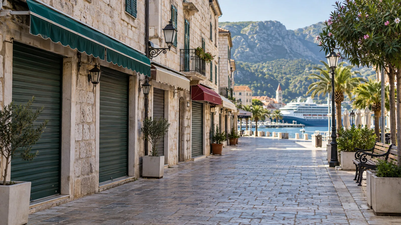 a quiet European port town shopping street on a Sunday with closed shutters and no people