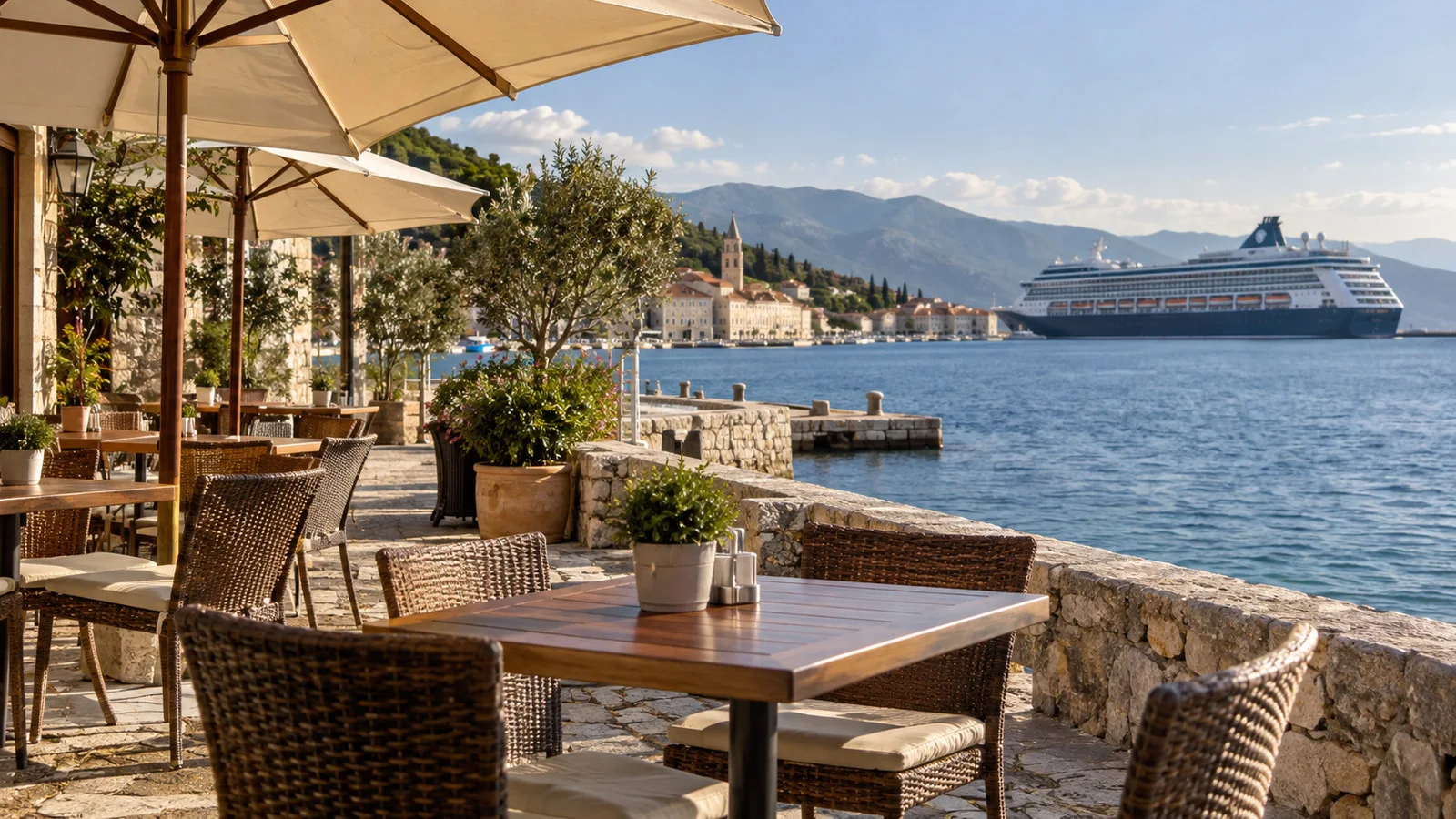 a quiet waterfront cafe with a few empty tables and a cruise ship visible offshore, illustrating a backup port-day plan