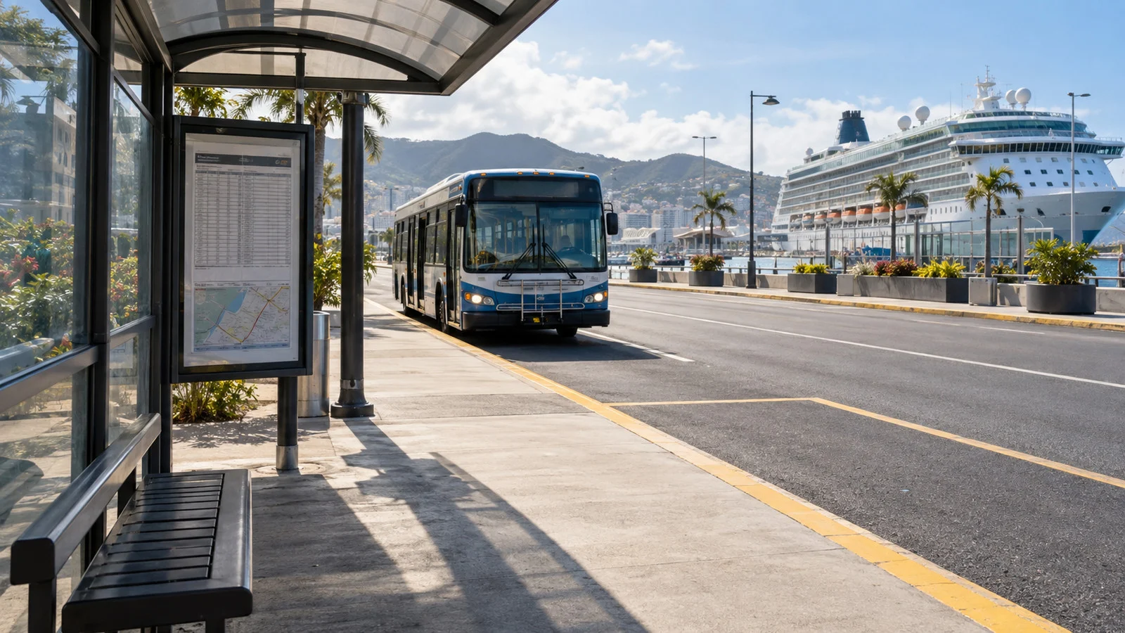 an empty local transit stop near a cruise port on a public holiday with a bus and posted timetable, no readable text
