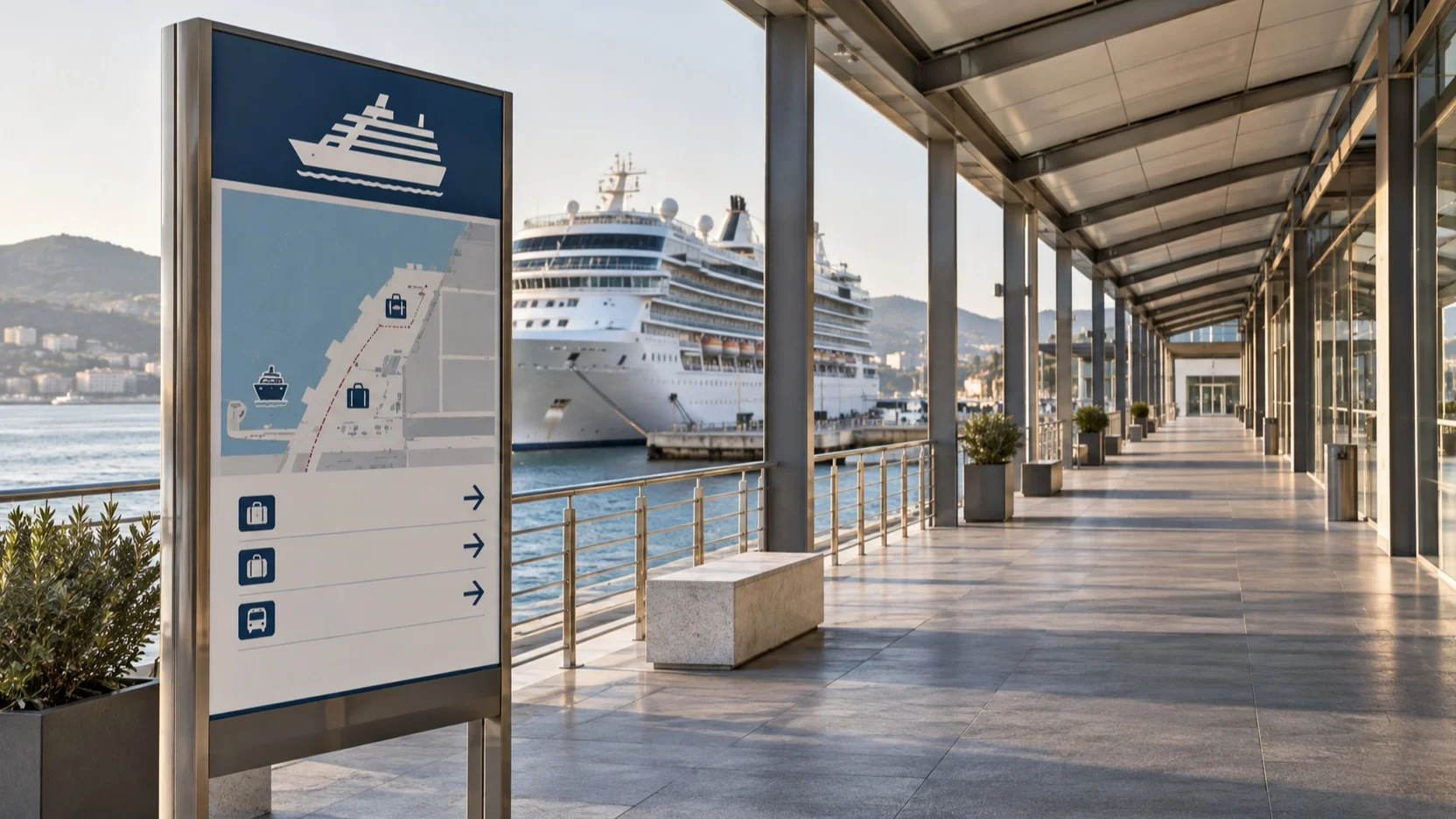 Port information board on an empty walkway beside a cruise ship