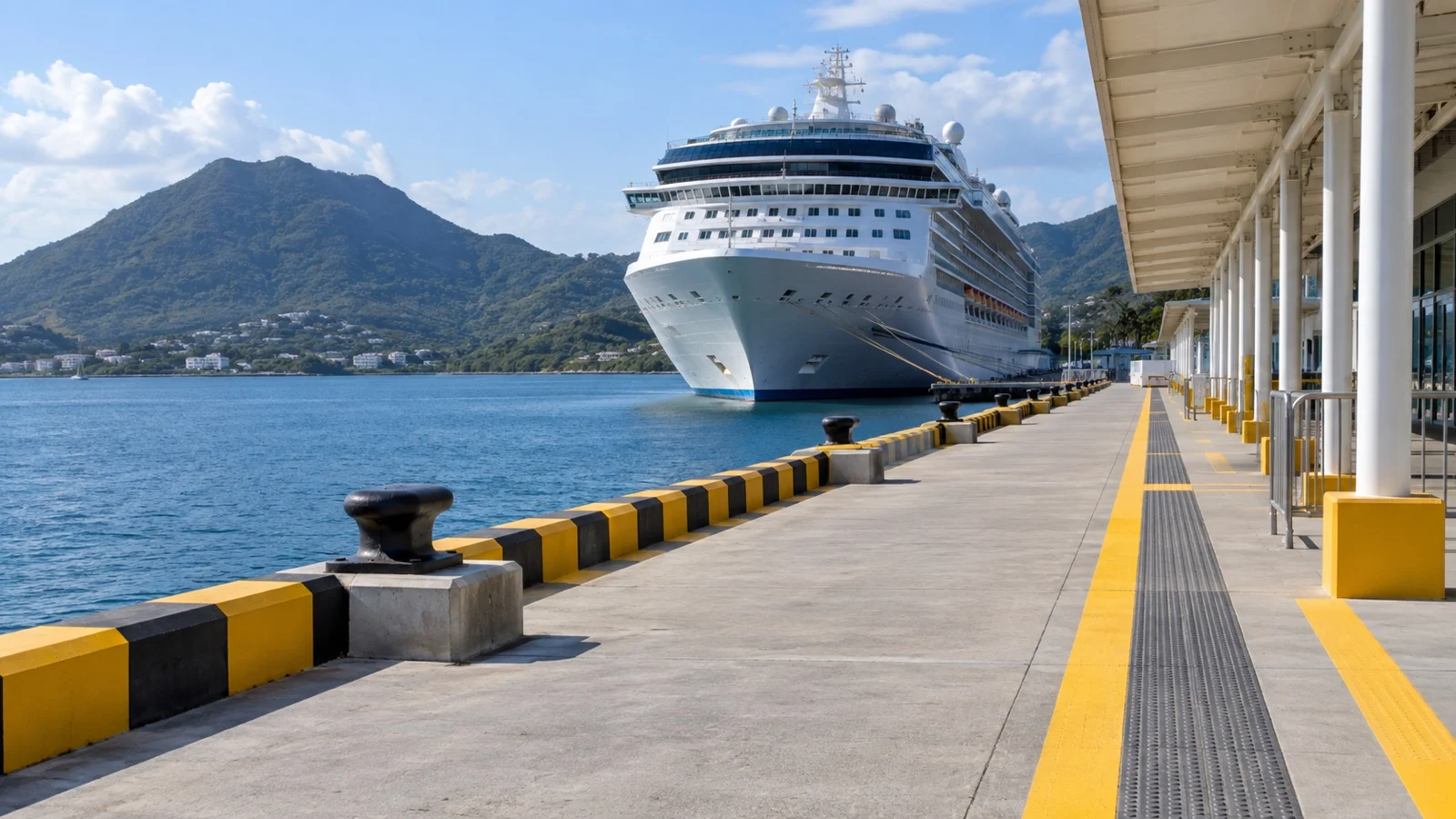 Empty level cruise port walkway with strong contrast curb markings and ship beyond