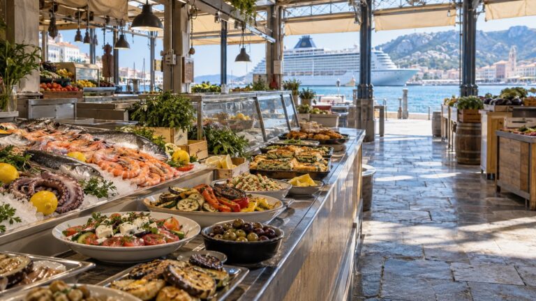 Empty market hall food counter near cruise port with fresh local dishes