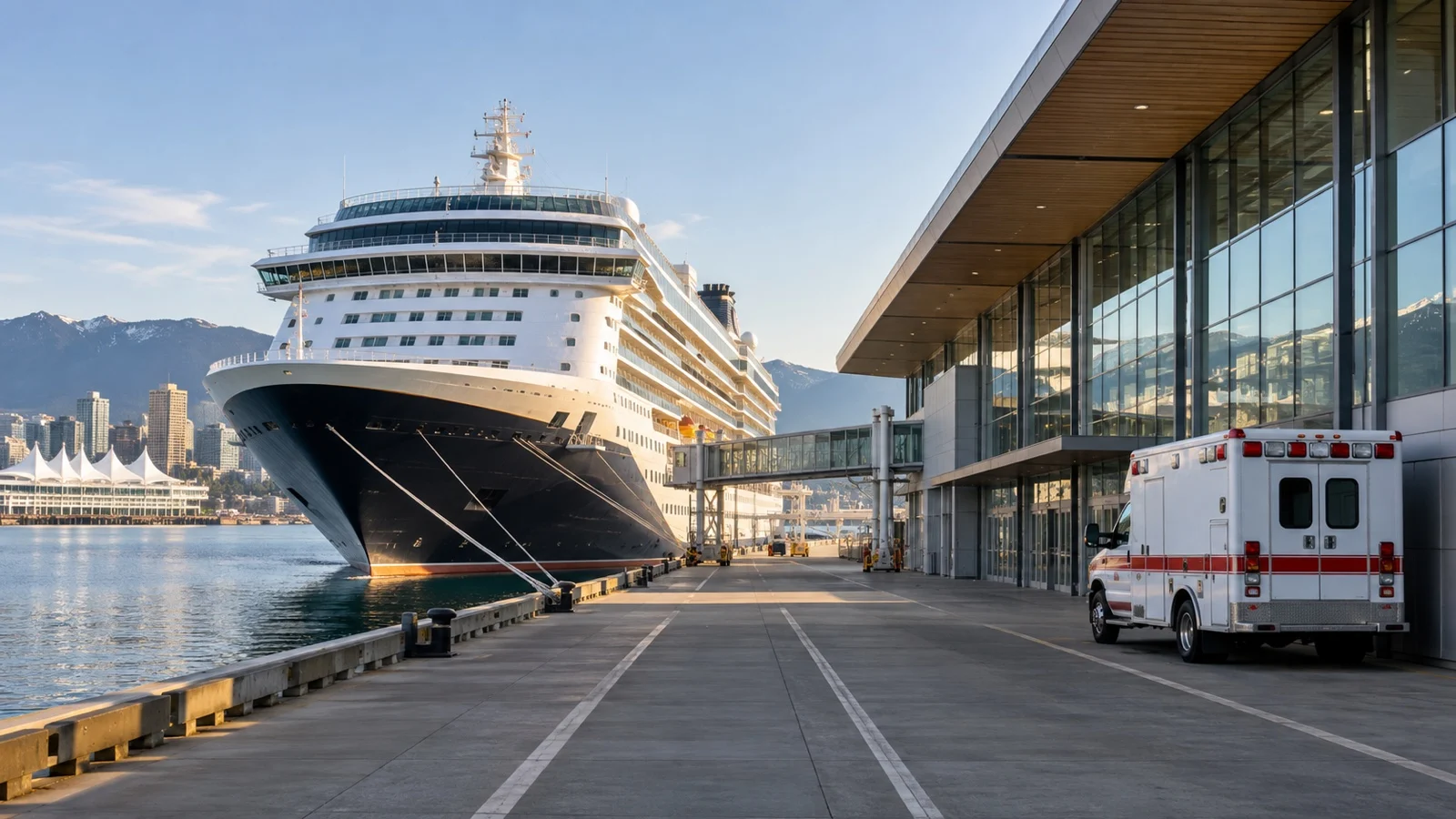 Cruise ship at a large modern port with an empty ambulance parked by terminal