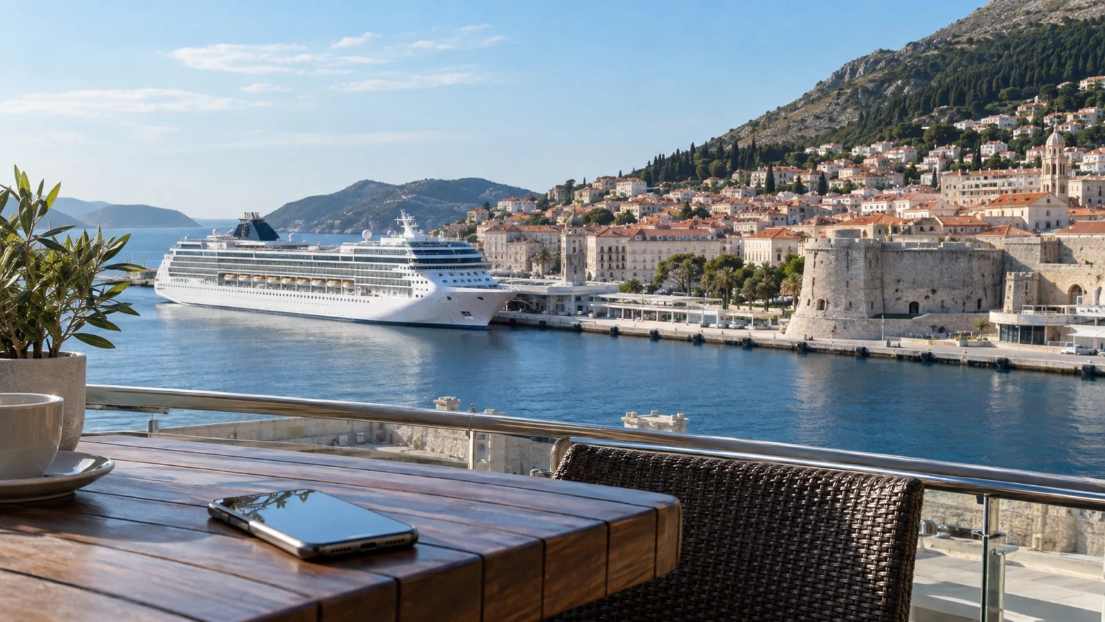 Cruise ship docked beside a coastal city with phone on foreground table