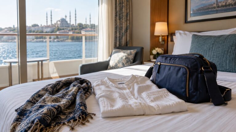 Scarf, long-sleeved shirt, and cruise day bag laid out on cabin bed