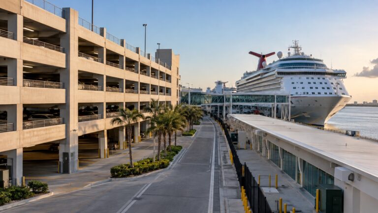 Parking garage beside a cruise terminal with ship visible