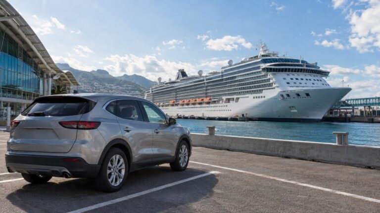 Unbranded rental car parked at a cruise port with ship beyond