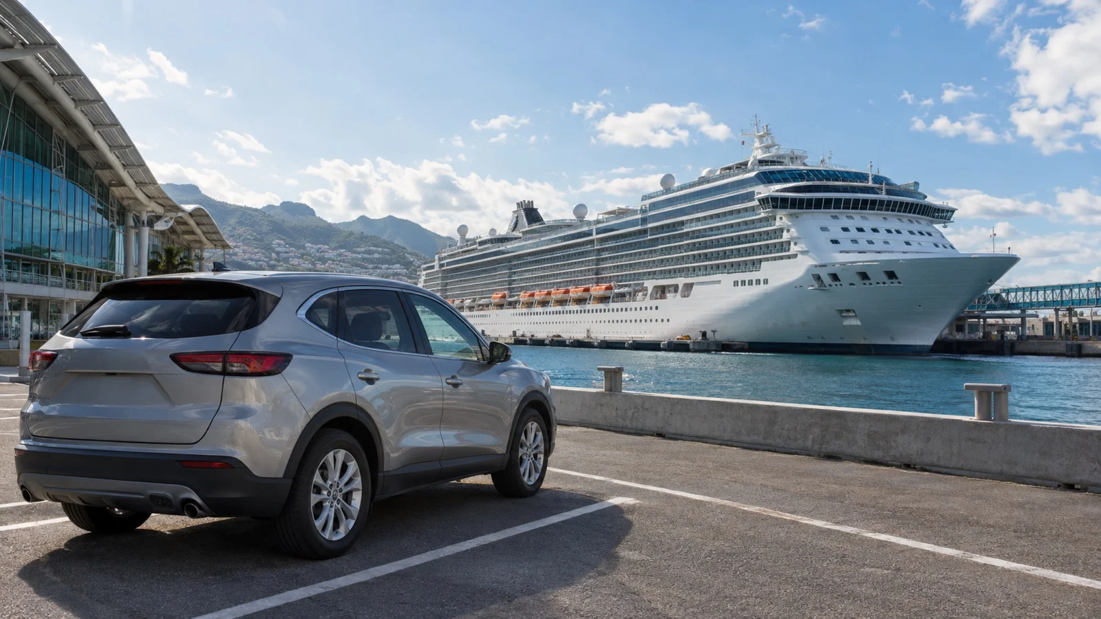 Unbranded rental car parked at a cruise port with ship beyond