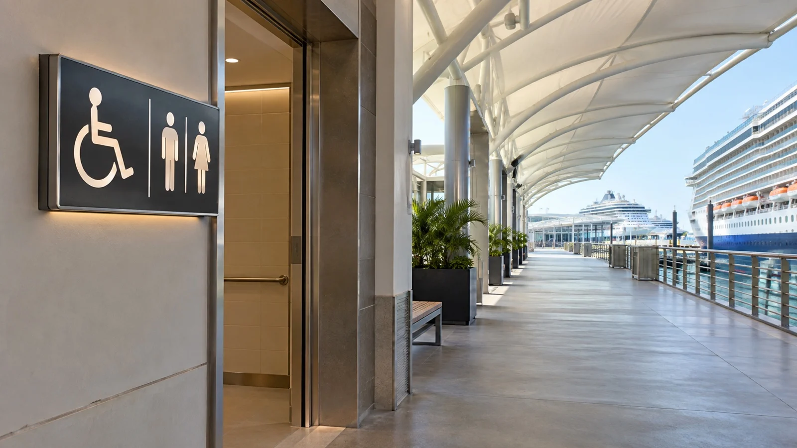 Accessible restroom sign and wide level corridor at a cruise terminal, no readable text