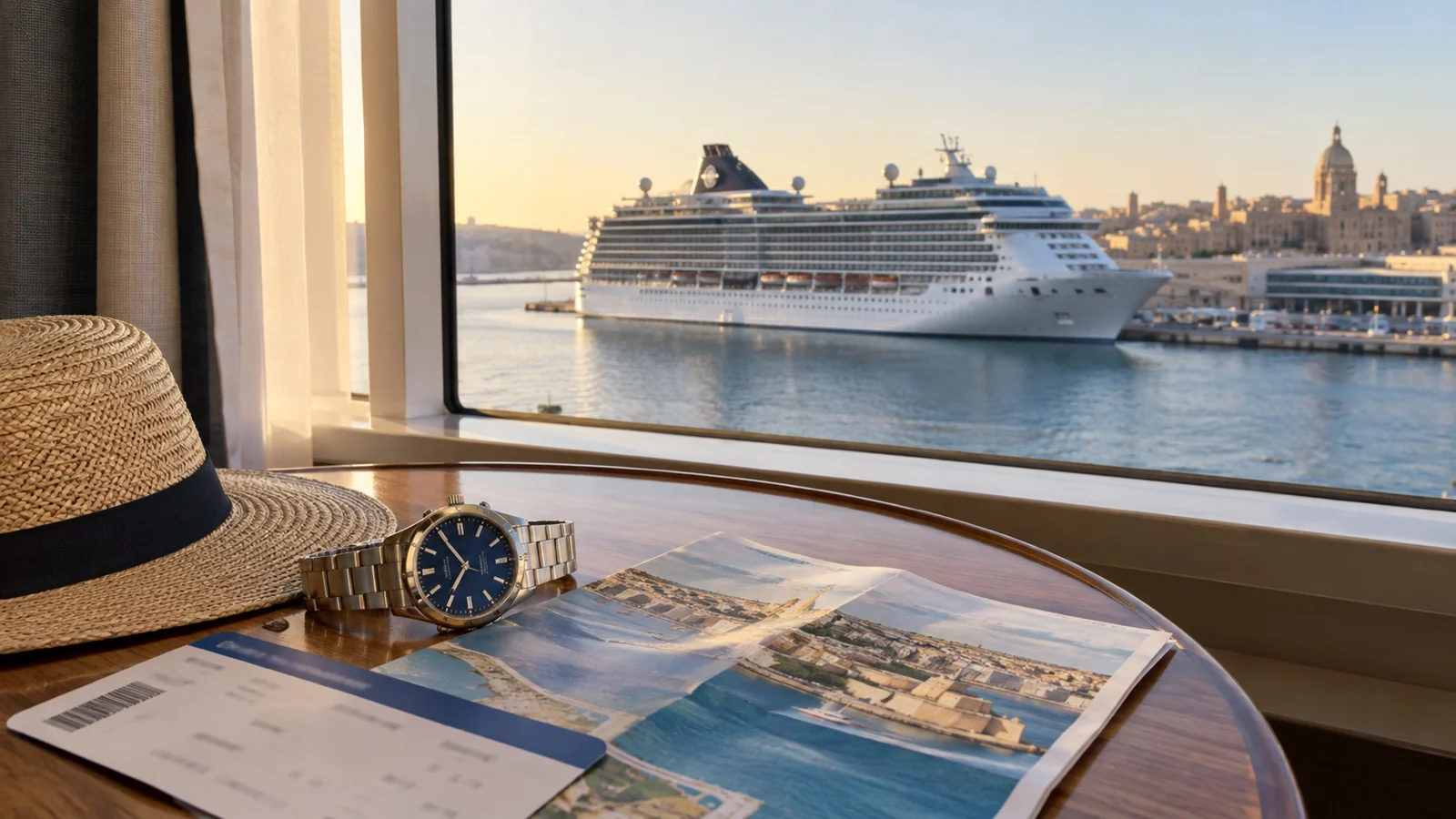 Cruise ship visible through a window beside watch, paper itinerary, and boarding card arranged on a table