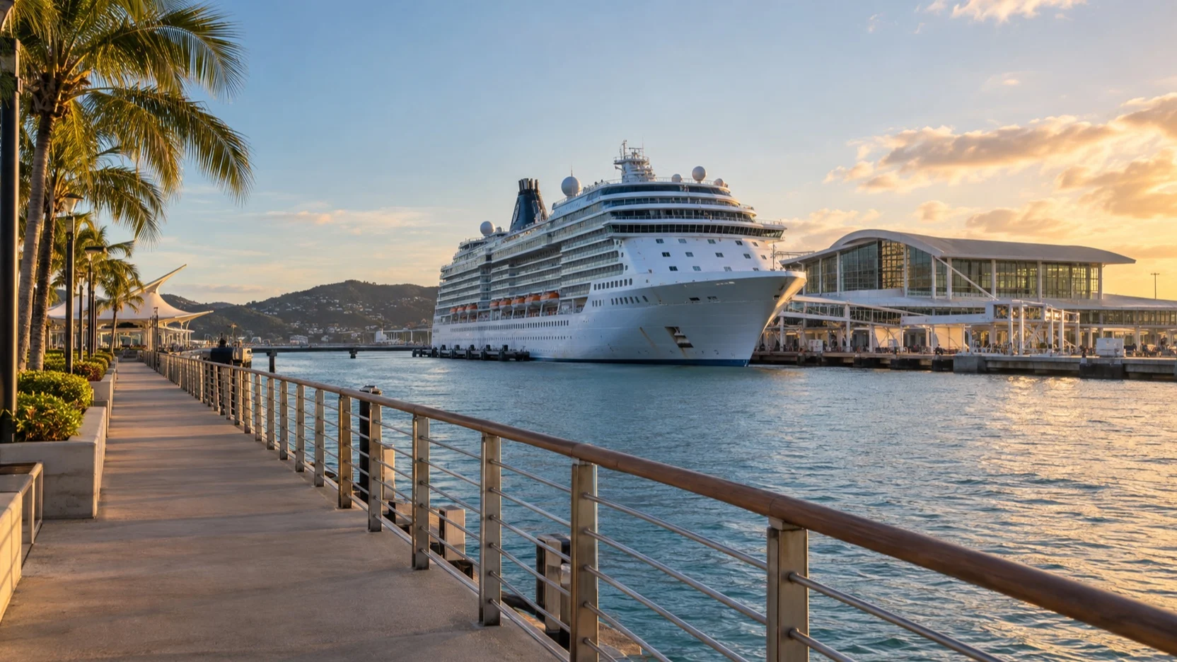 Cruise ship visible from an empty port waterfront walkway