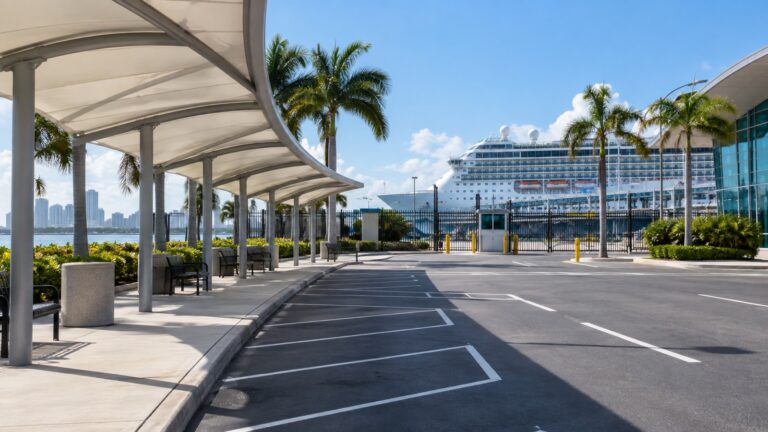 Empty ride-hail pickup area outside a cruise port gate with ship beyond