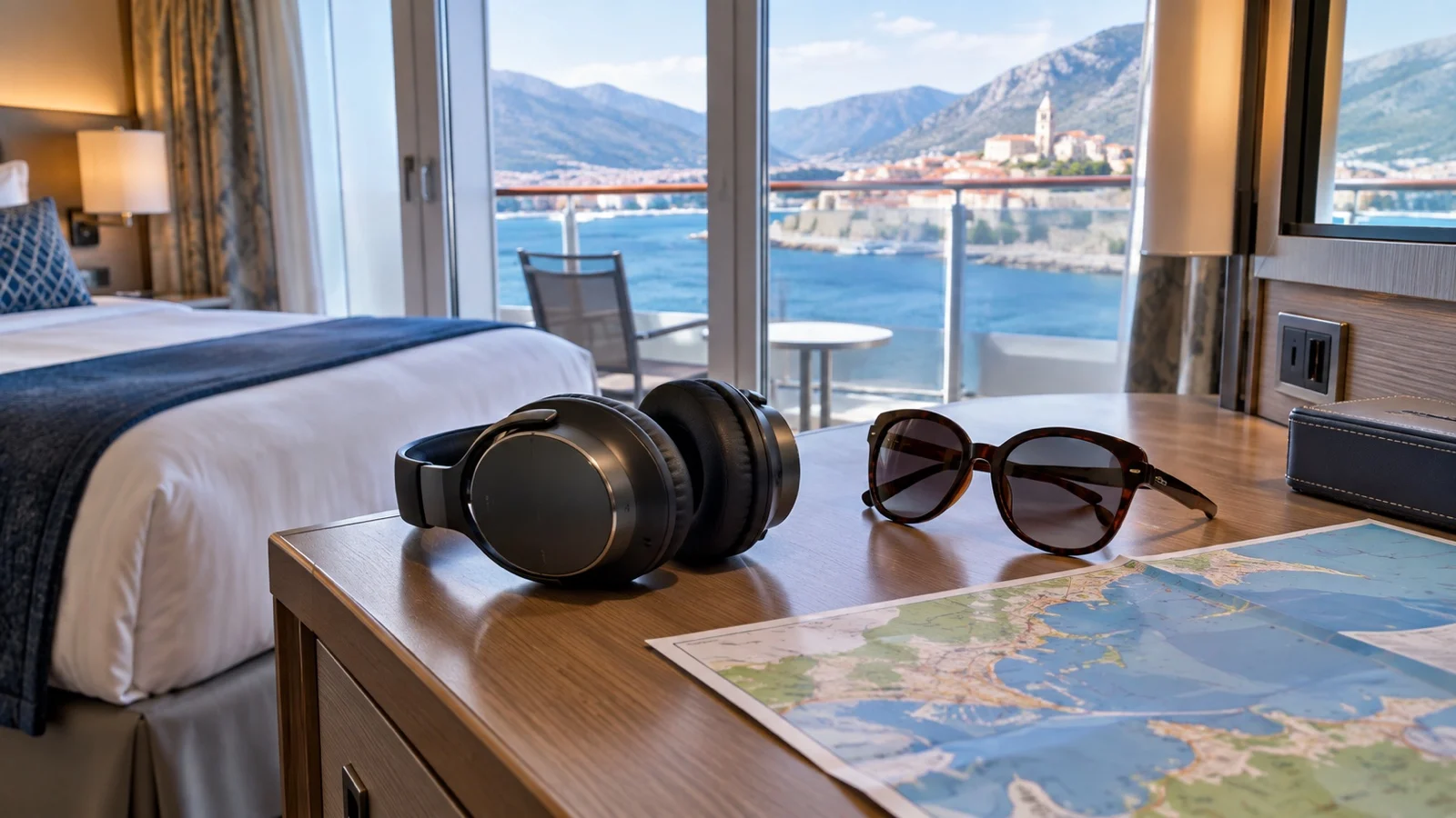 Headphones, sunglasses, and a blank port map on a cruise cabin desk