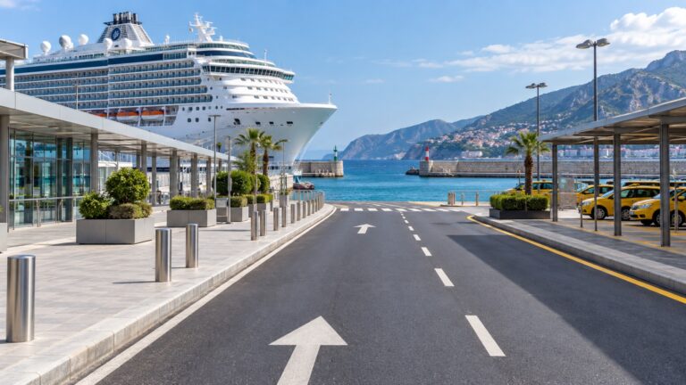 Cruise terminal exit with separate sidewalk and taxi pickup route