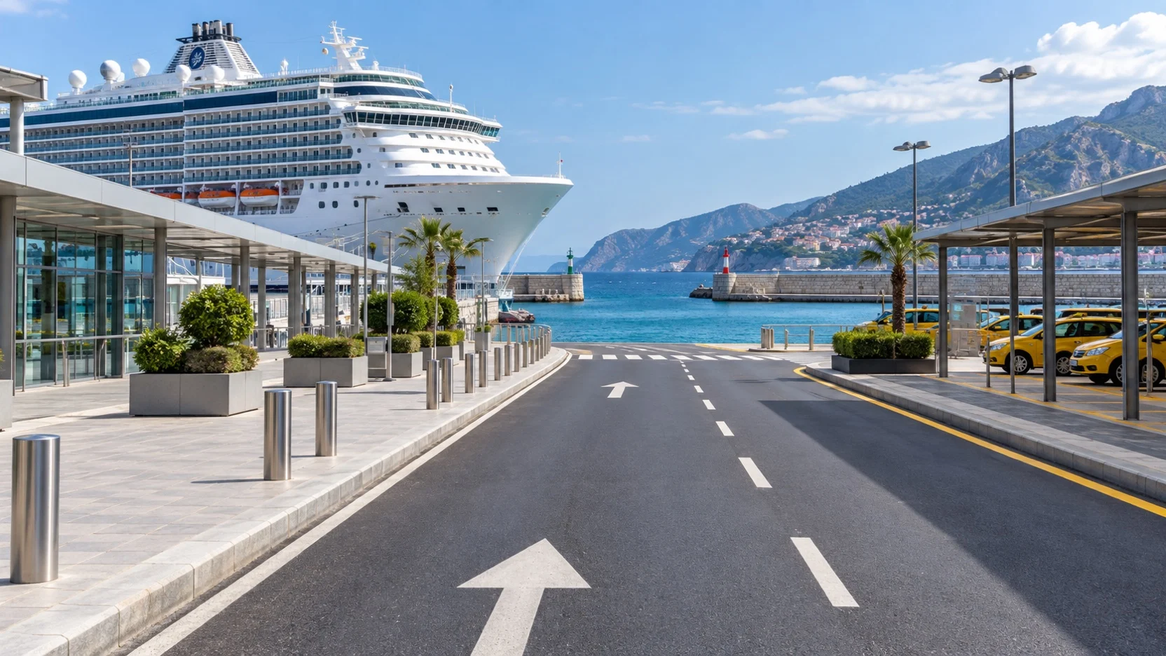 Cruise terminal exit with separate sidewalk and taxi pickup route