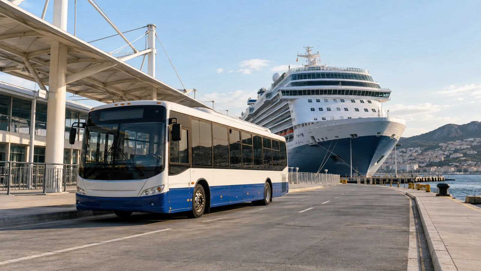 Empty port shuttle bus at distant cruise terminal with ship behind