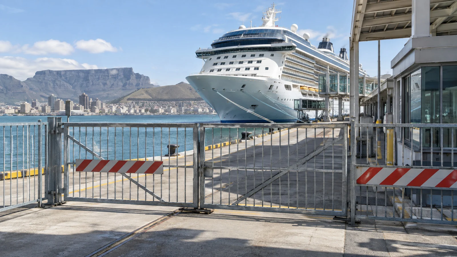Closed terminal gate beside a moored cruise ship