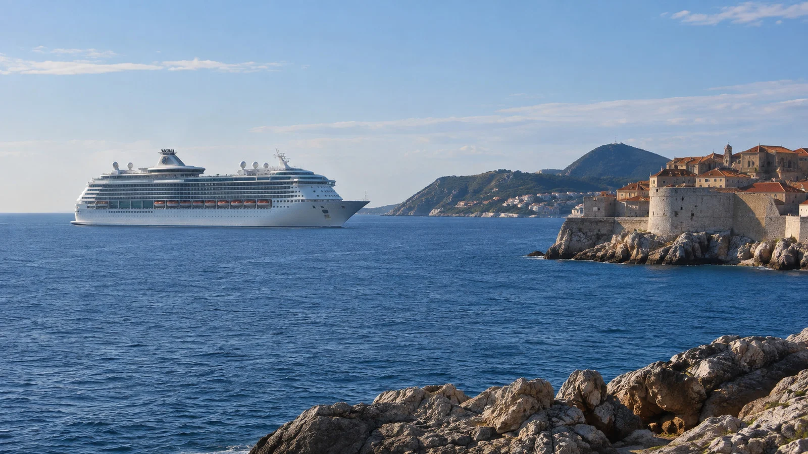 Cruise ship waiting offshore outside a Mediterranean port
