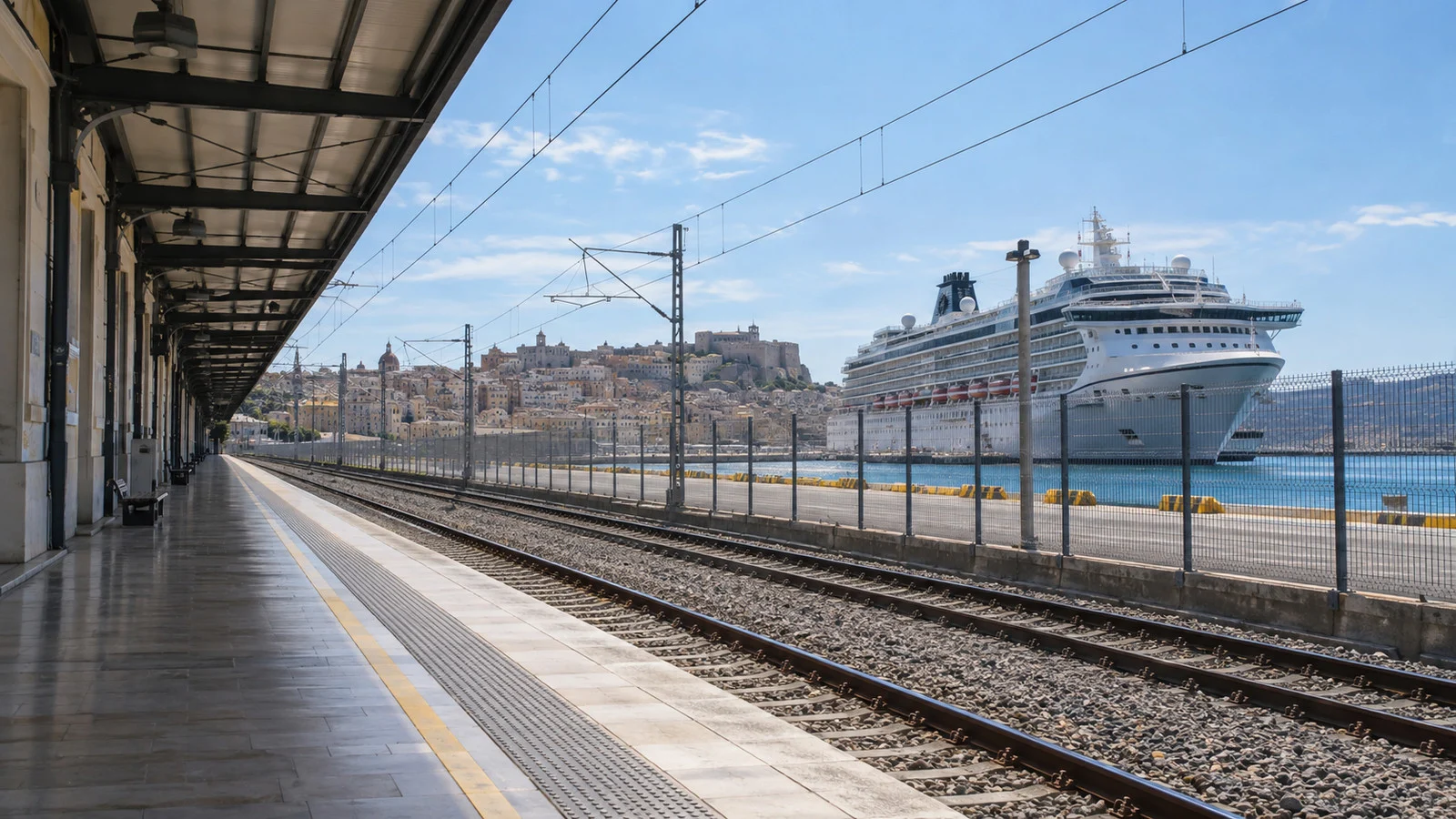 Empty train platform beside a Mediterranean cruise port during a transit stoppage