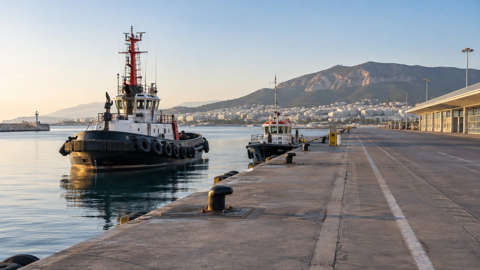Idle tugboat and pilot boat at an empty cruise quay