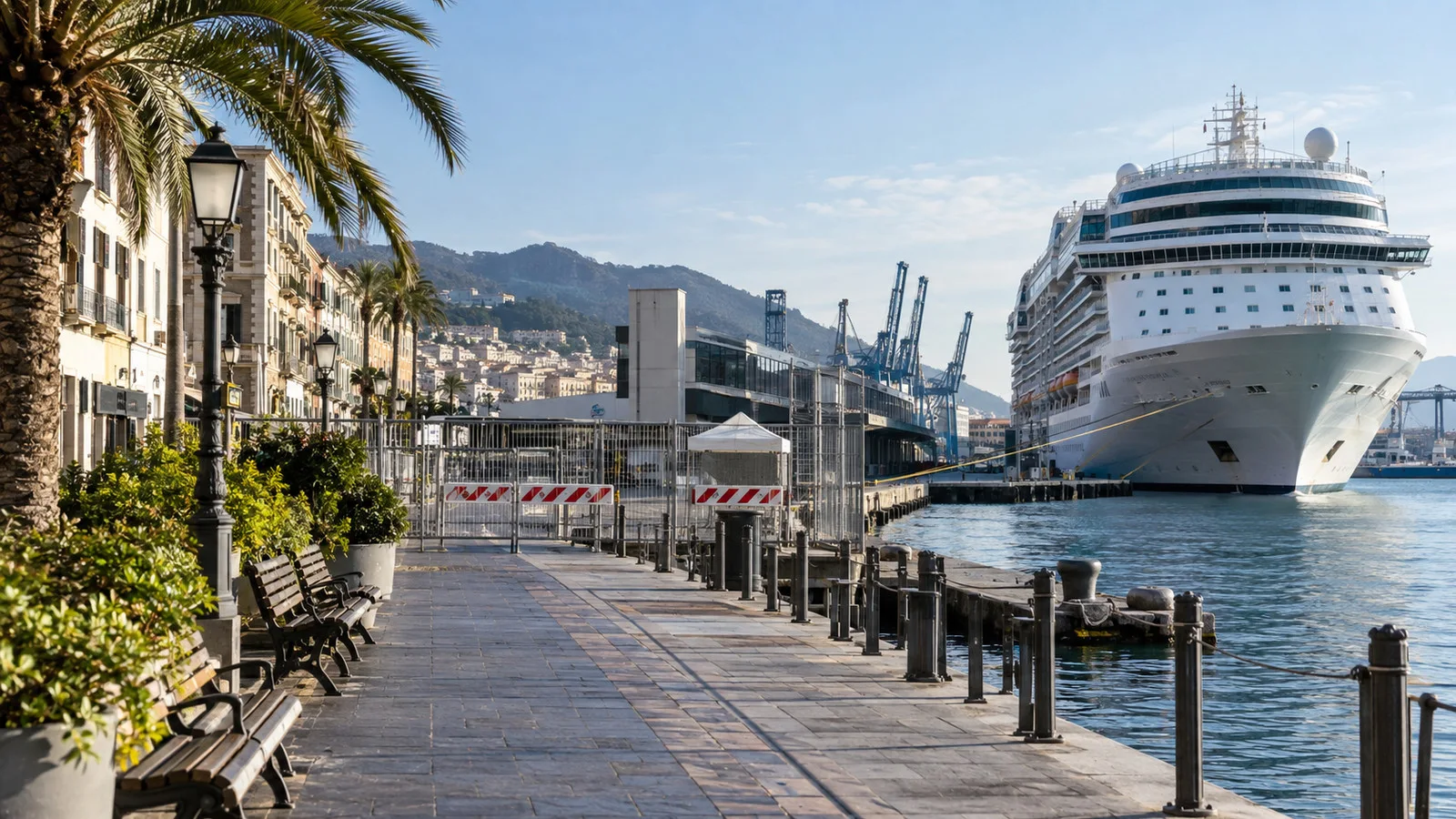 Walkable waterfront district beside a cruise berth during transport disruption