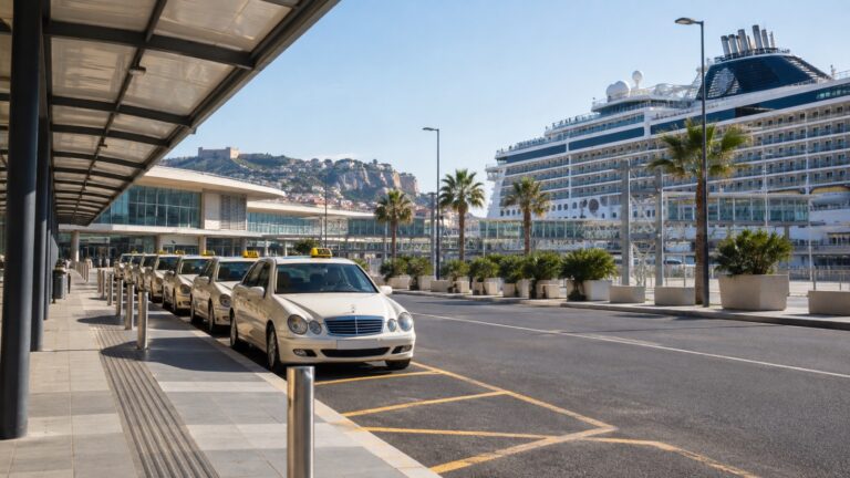 Empty taxi queue outside a cruise terminal with a ship docked nearby