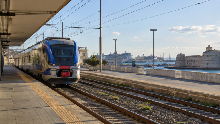 a regional train at Civitavecchia railway station with the Mediterranean port visible in the distance, empty platform