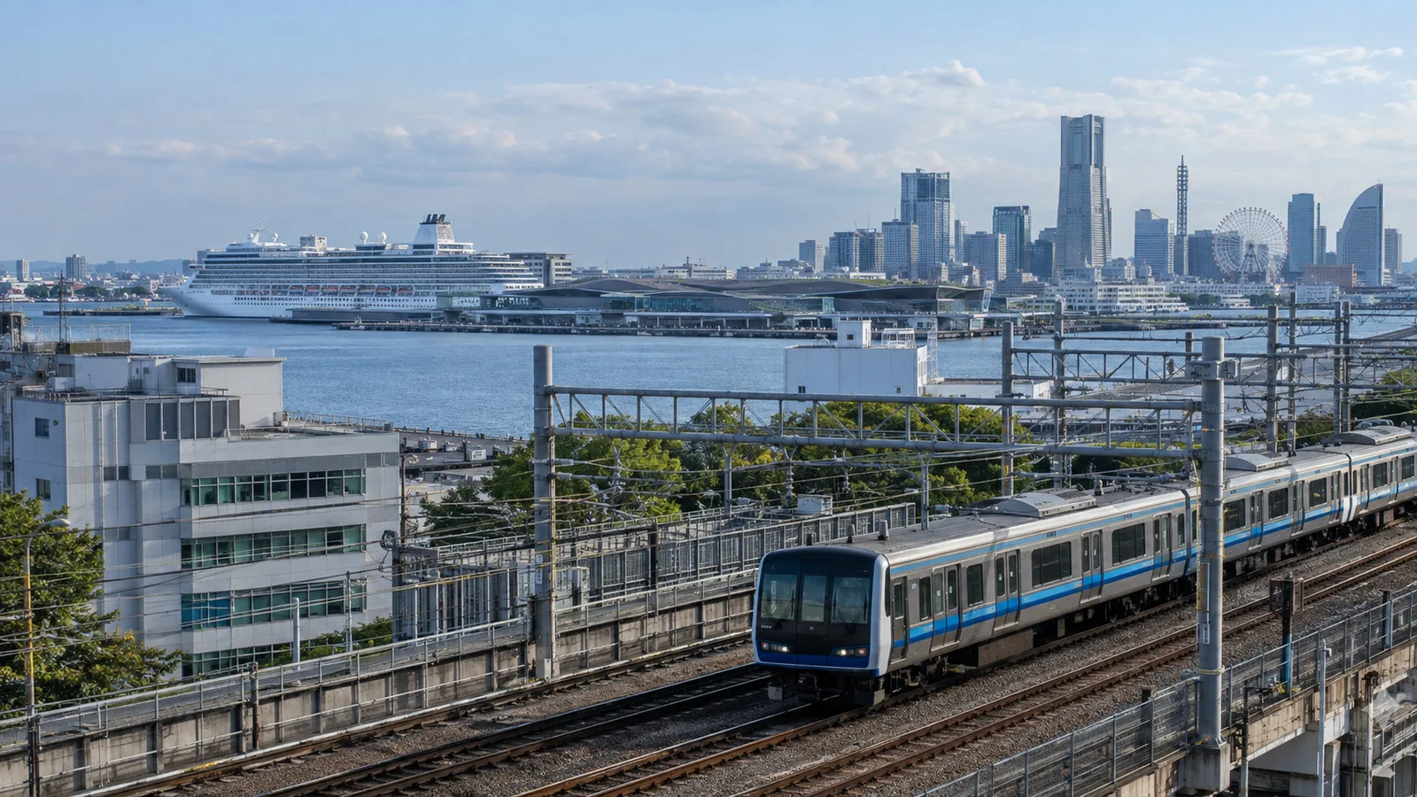 a train crossing Yokohama's urban rail corridor toward Tokyo with a cruise ship terminal in the distance