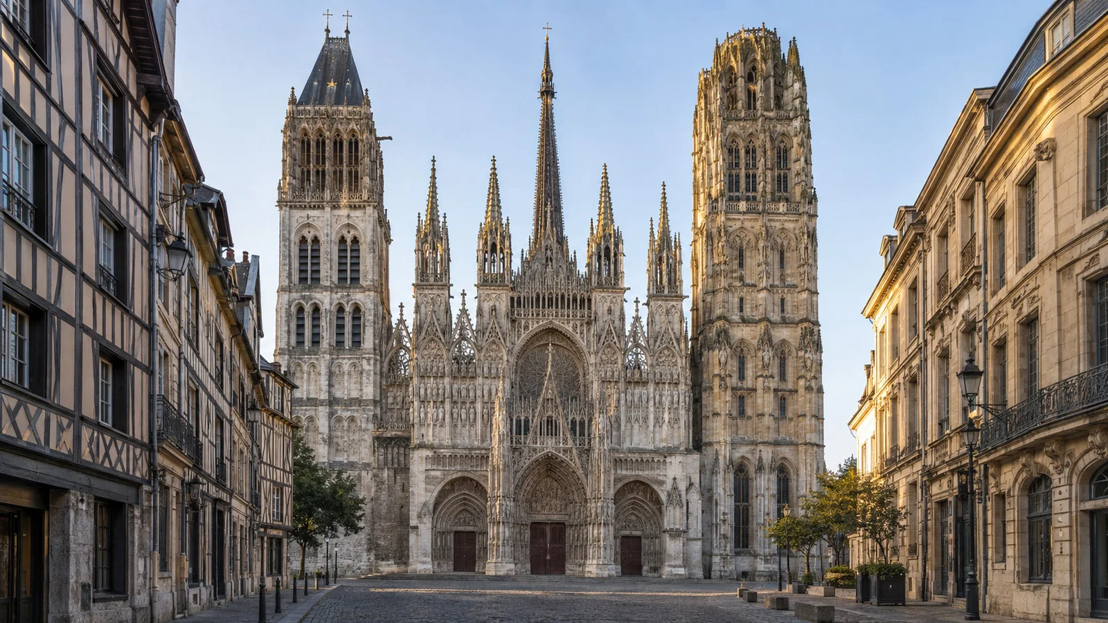 Gothic stone facade and spire of Rouen Cathedral above an empty historic street