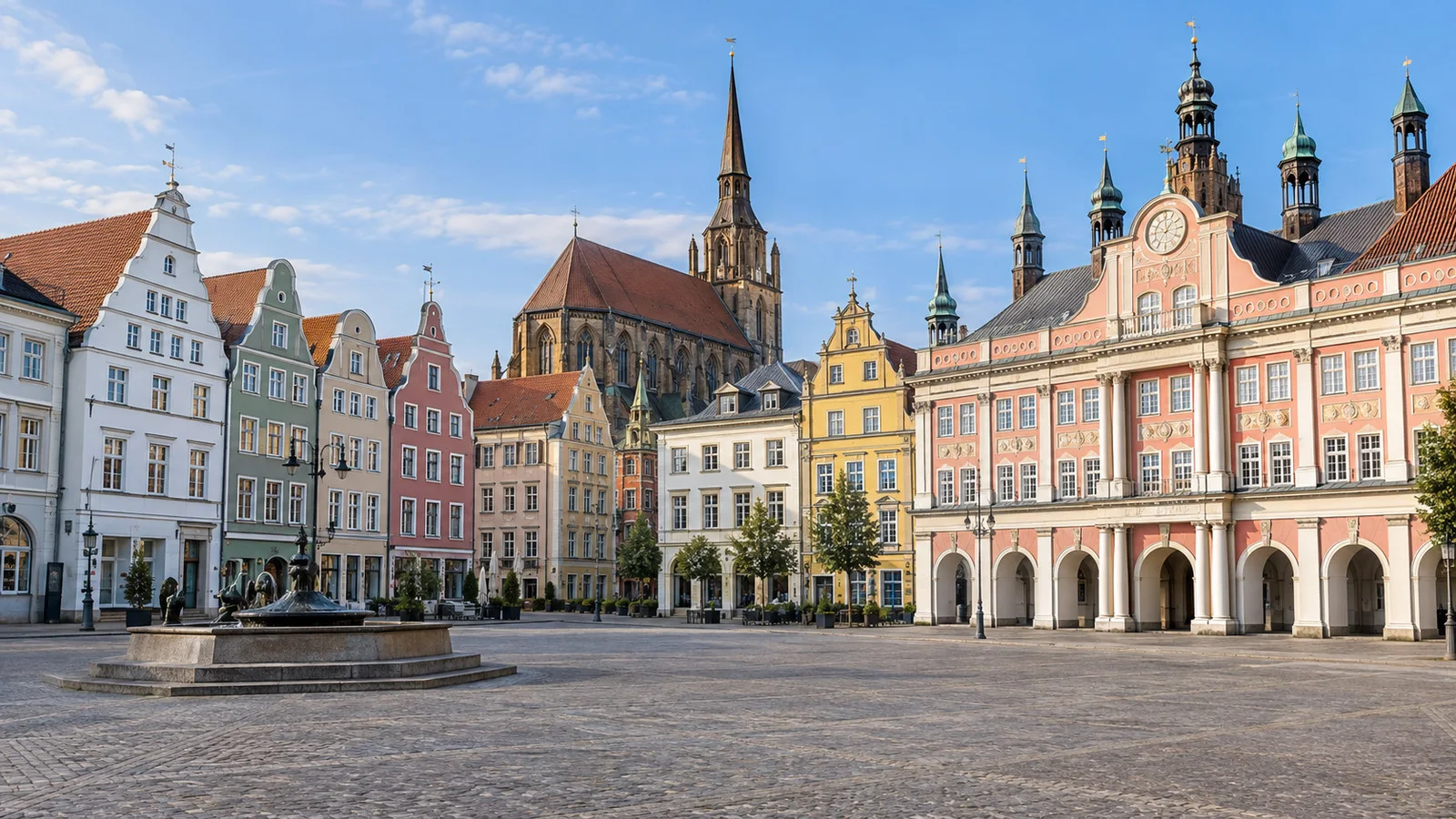 Rostock Neuer Markt square with pastel Hanseatic facades and town hall