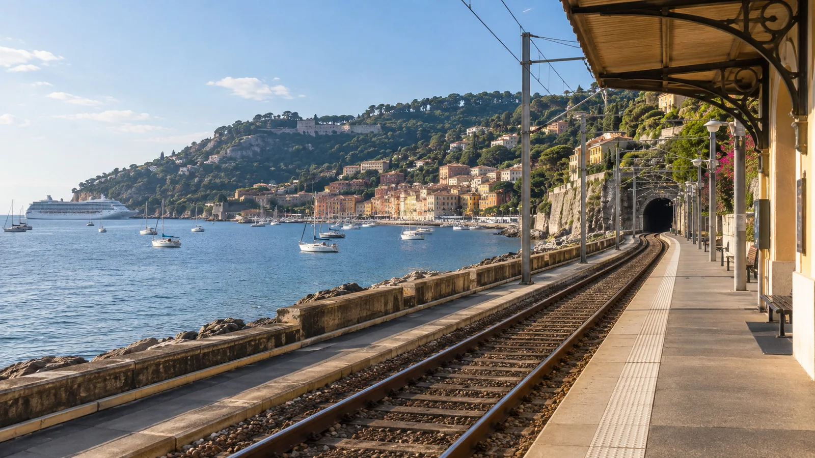 Villefranche-sur-Mer waterfront with a small coastal railway station and the bay, empty platform