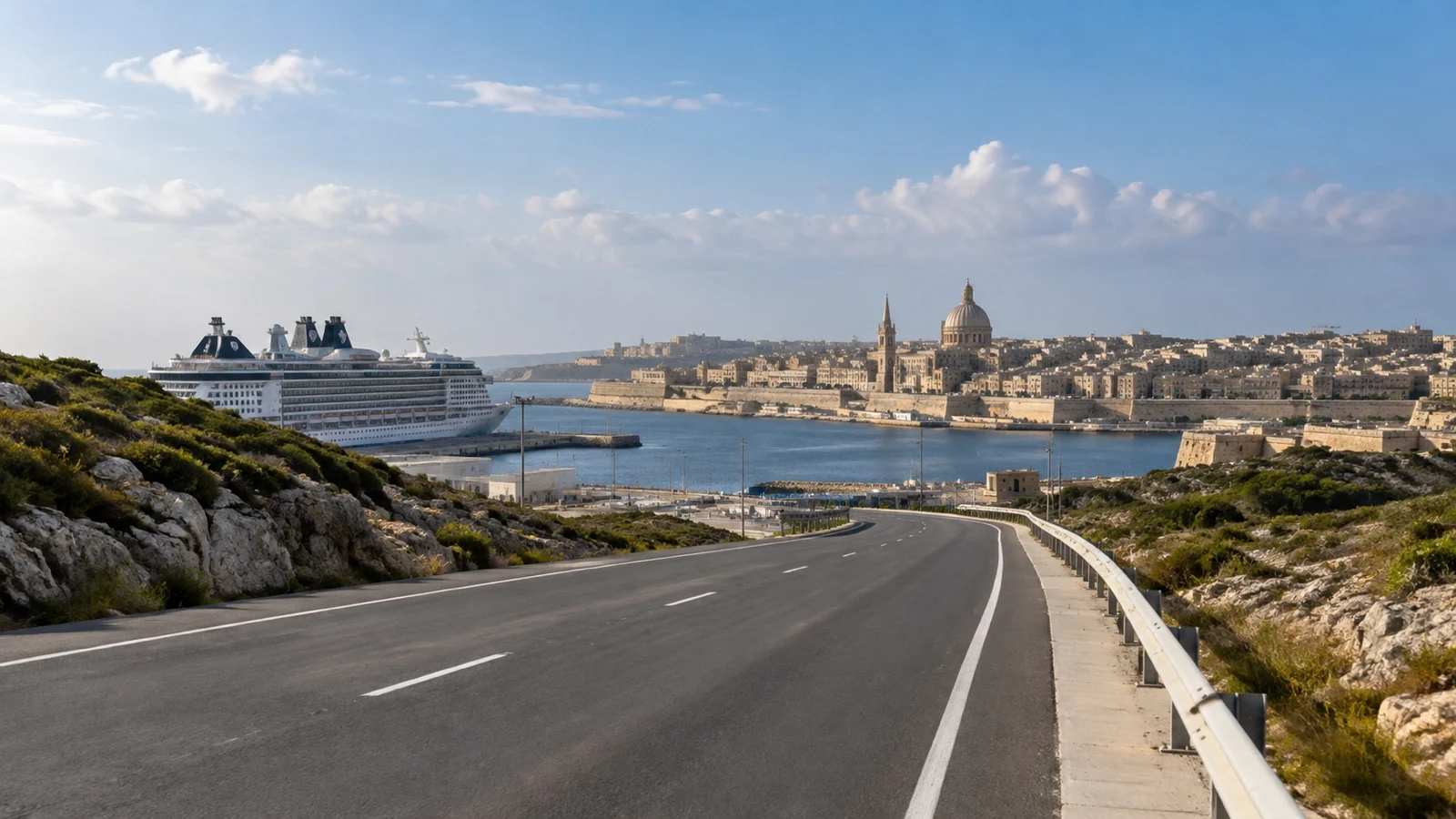 Road from remote cruise terminal toward city visible in distance