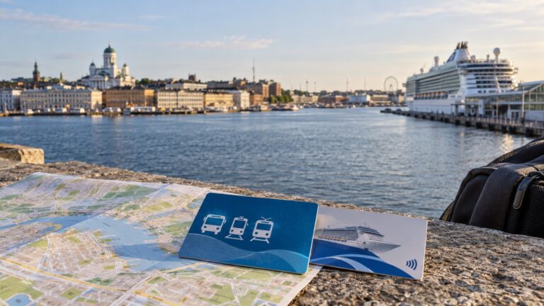 Unbranded public transit day pass beside cruise card and city map, no readable text