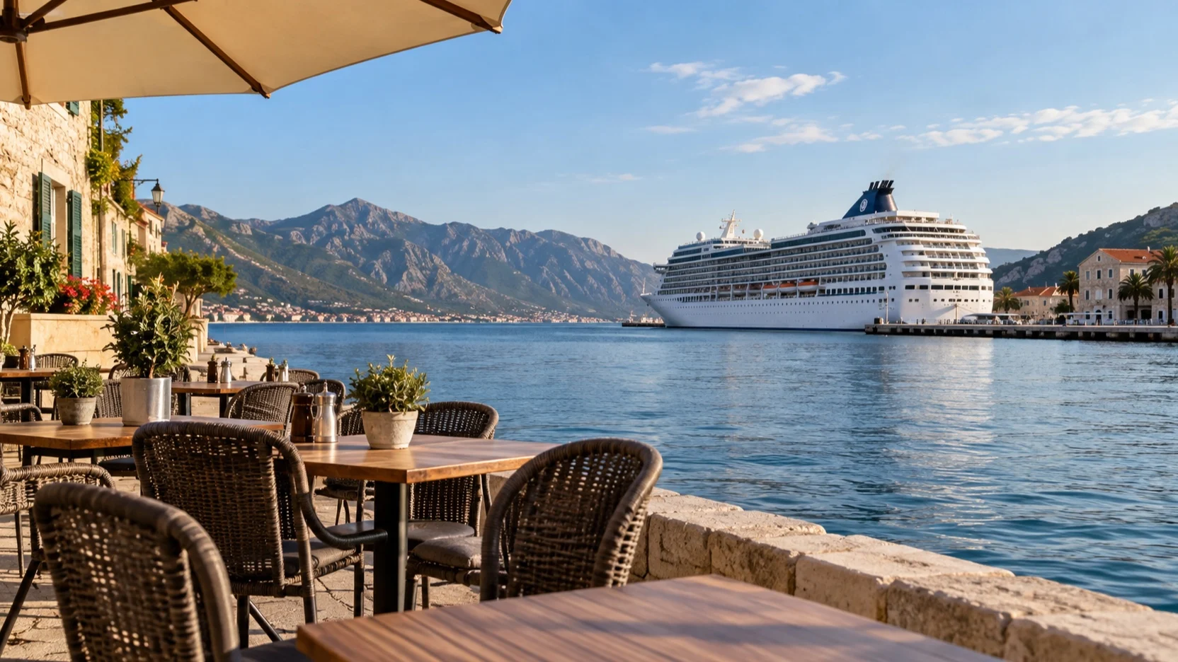 Empty waterfront cafe near a cruise ship during a short port call