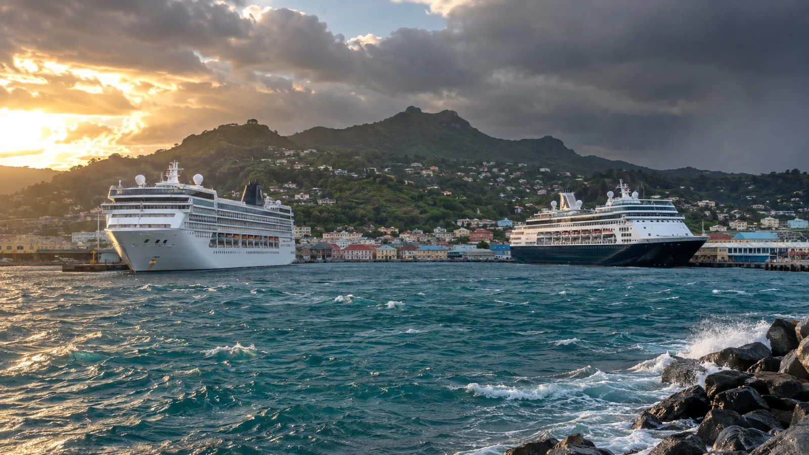 Cruise ships in a coastal port under changing weather and choppy water