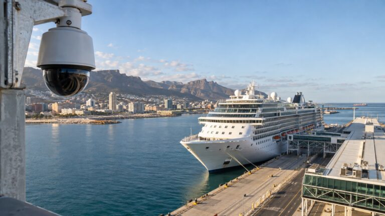 Fixed harbor webcam mounted above cruise pier with ship in view