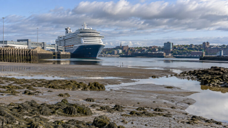Cruise ship in Saint John New Brunswick harbor at low tide with exposed mudbanks