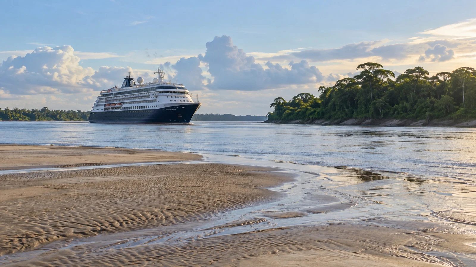 Cruise ship near shallow Amazon River channel with exposed sandbar
