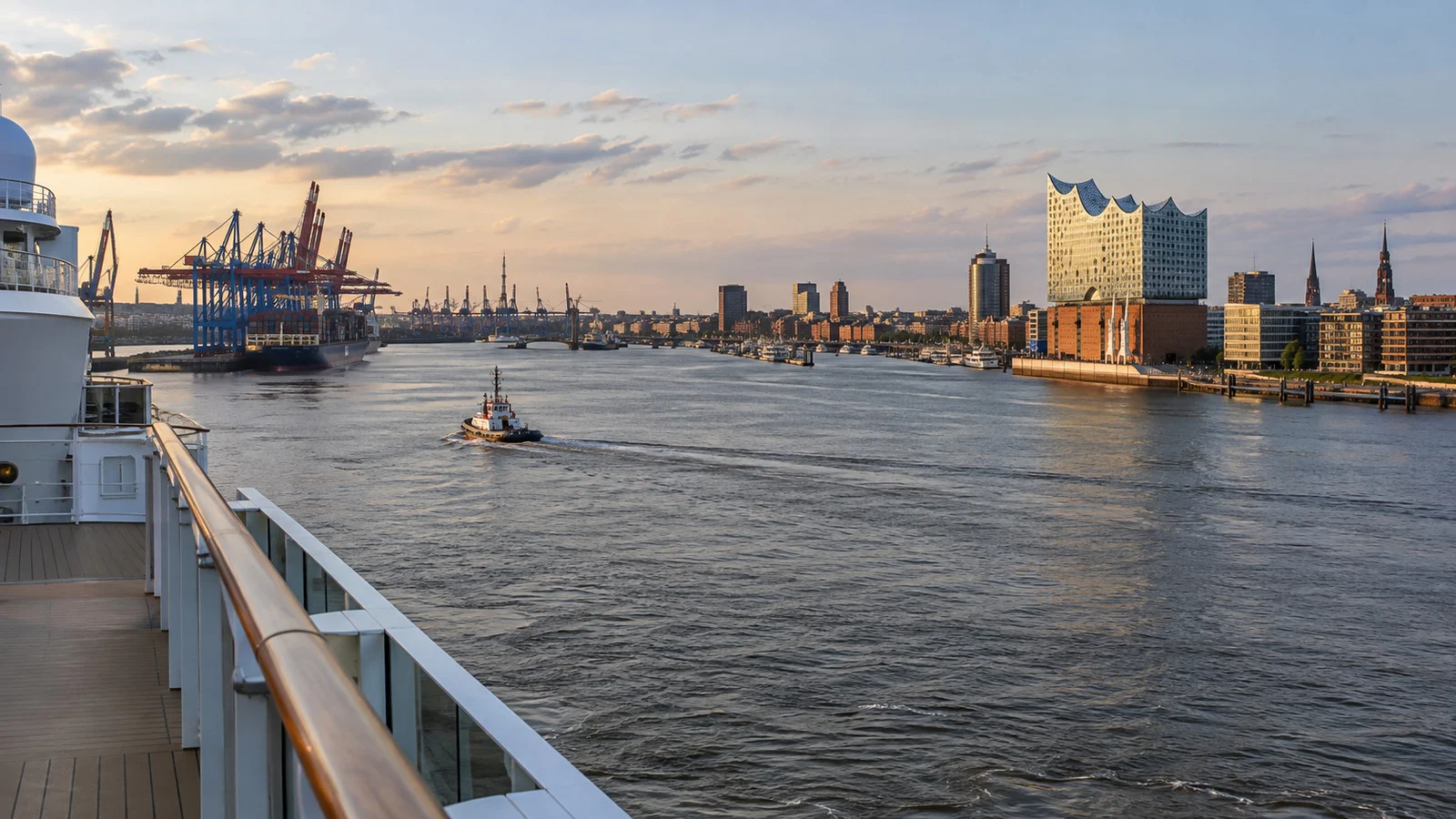 Cruise ship traveling the tidal Elbe toward Hamburg Germany