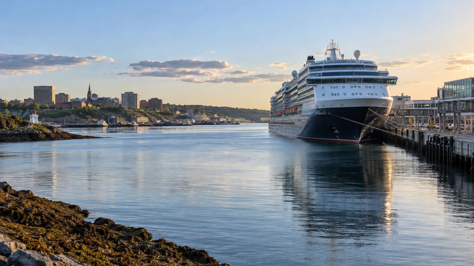 Saint John harbor at high tide with a cruise ship moored