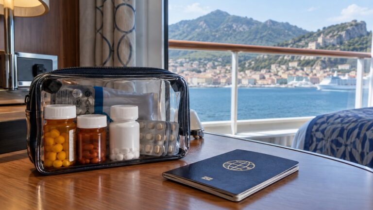 Labeled prescription bottles in clear travel pouch beside passport on cruise cabin desk, no readable text