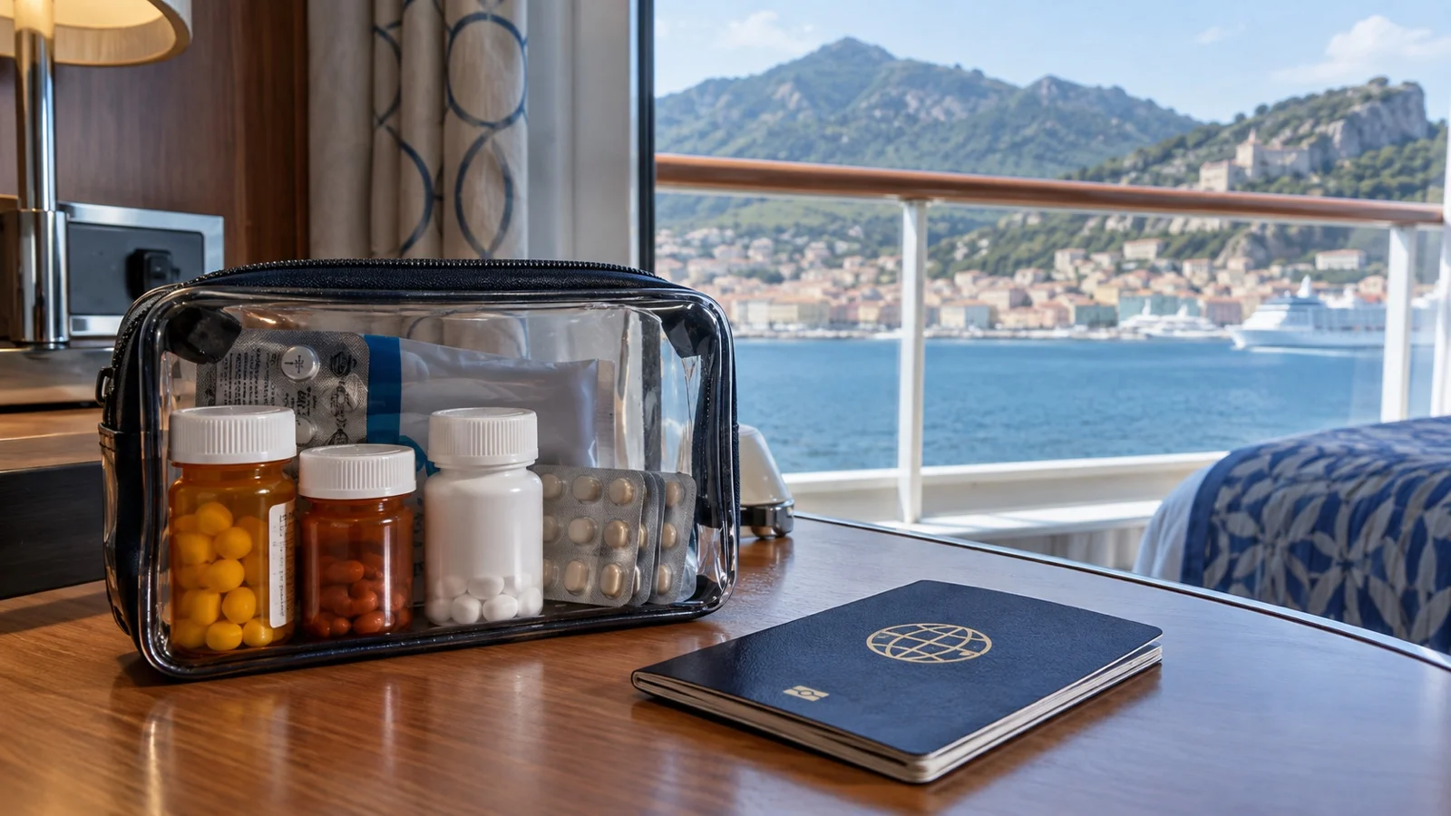 Labeled prescription bottles in clear travel pouch beside passport on cruise cabin desk, no readable text