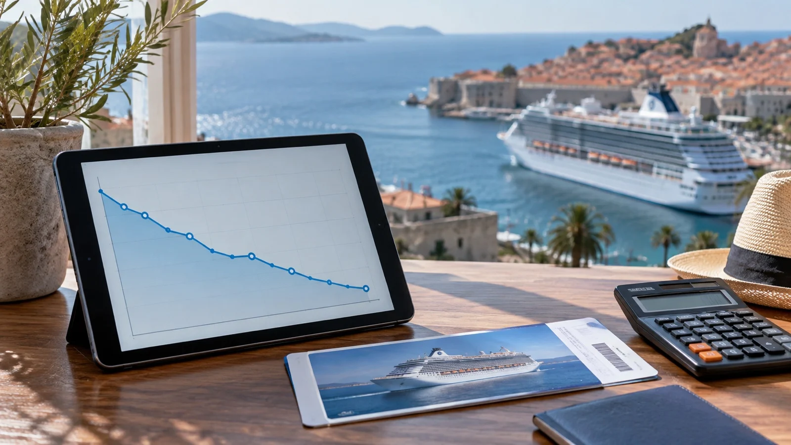 Unlabeled falling price chart on tablet beside cruise ticket and calculator