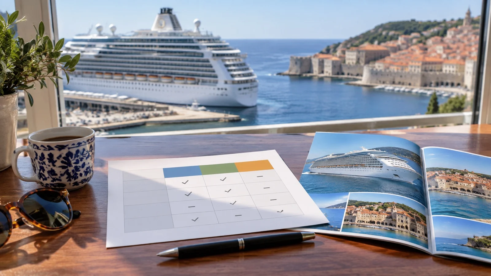 Unlabeled price comparison chart and cruise brochure on a desk, no readable text