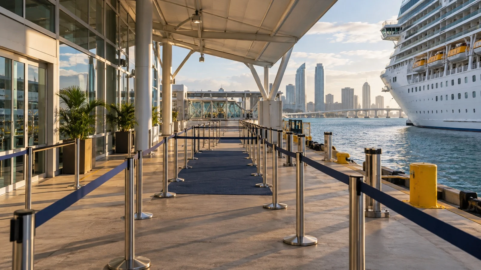 Empty priority boarding lane at a cruise terminal