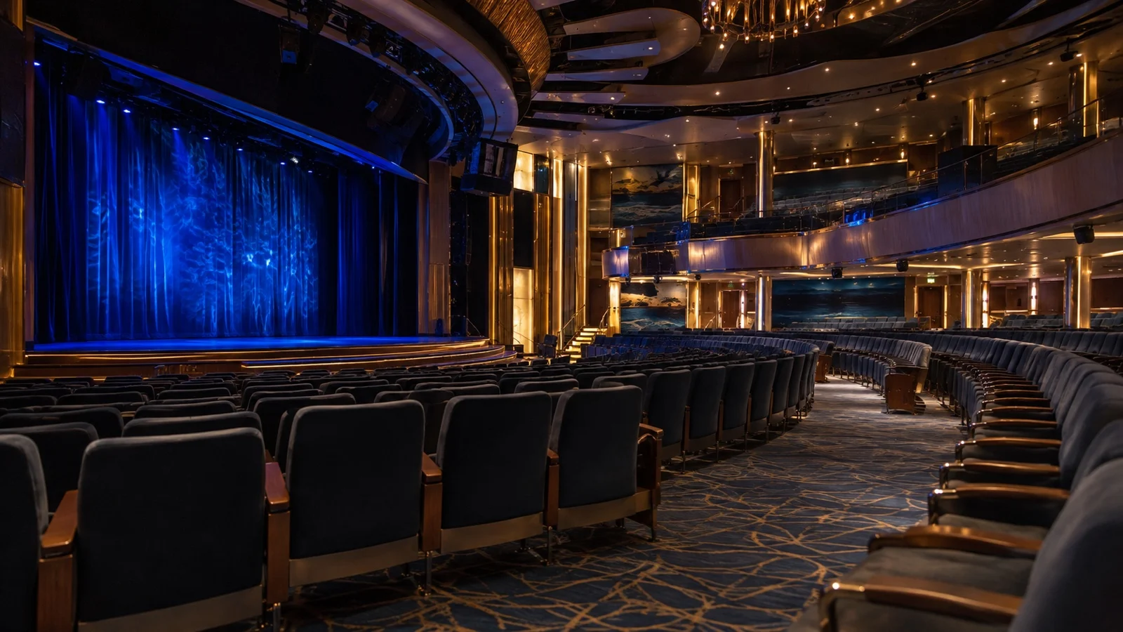 Empty cruise ship theater with dimmed lights and wide clear aisle