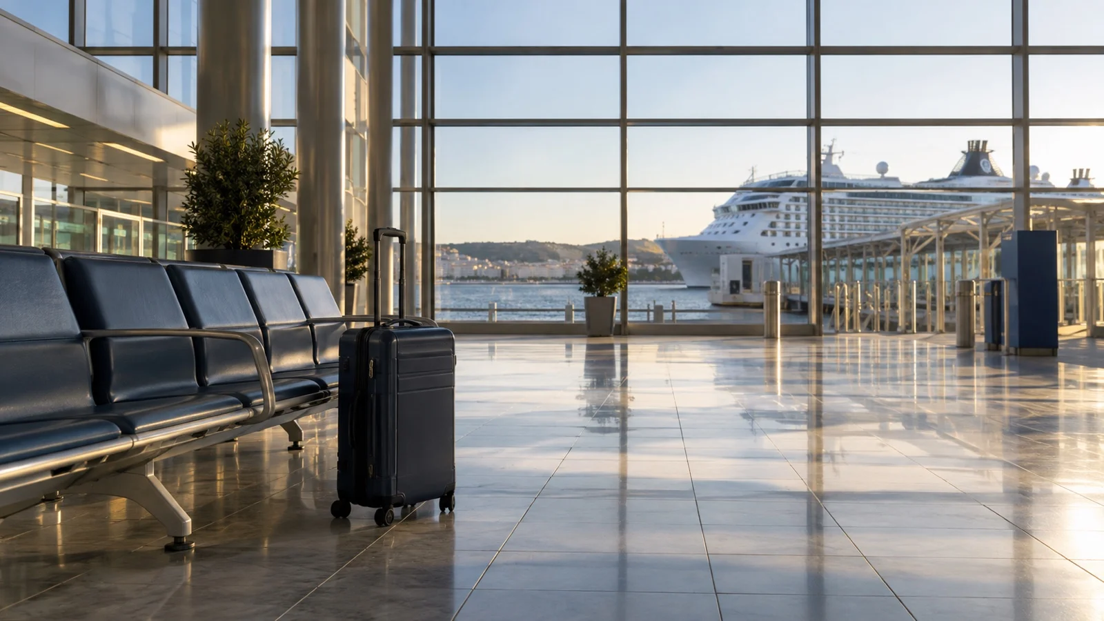 Empty cruise terminal hall with suitcase and cruise ship visible outside